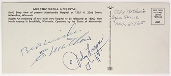 1965 Eddie Mathews Johnny Logan Milwaukee Braves Signed 3.5" x 8.25" Misericordia Hospital Postcard (JSA)