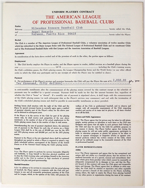1976 Angel Rosario Jim Baumer Lee MacPhial Signed Uniform Players Contract (JSA)