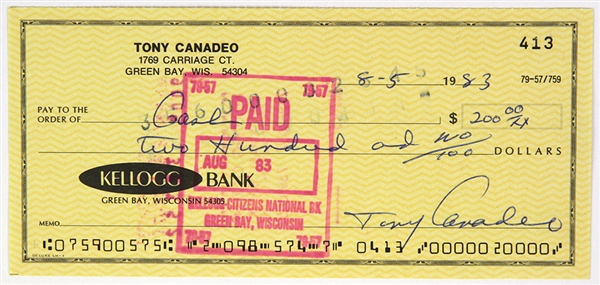 1983 Tony Canadeo Green Bay Packers Signed Personal Check (JSA)