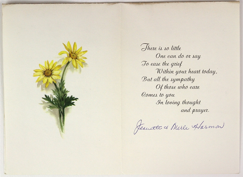 1970s Jeanette & Merle Harmon Milwaukee Brewers Radio Announcer Signed Sympathy Card