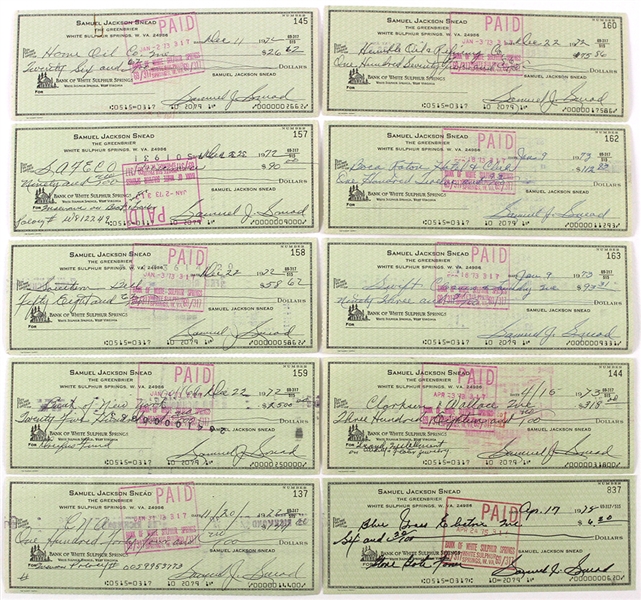 1972-73 Sam Snead Seven Time Major Champion Golfer Signed Personal Check Collection - Lot of 10 (JSA)