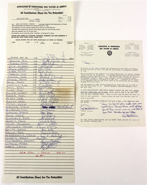1981 Burlington Bees Team Signed Association of Professional Ball Players of America Dues Sheet (JSA) 