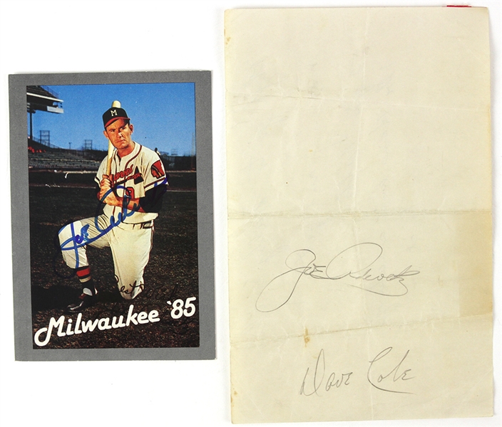 1953-85 Joe Adcock Dave Cole Signed Postcard & Sheet - Lot of 2 (JSA)