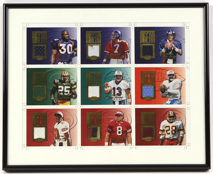 1999 Leaf Certified Gridiron Gear 12" x 15" Framed Uncut Card Sheet w/ 9 Game Used Jersey Cards Including John Elway, Dan Marino, Jerry Rice, Warren Moon & More