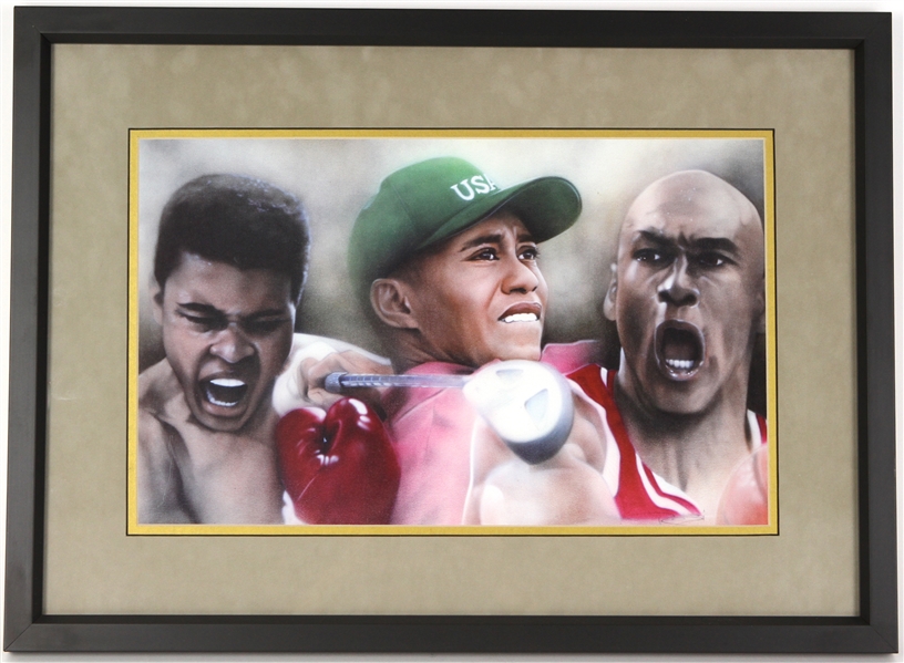 2000s Muhammad Ali Michael Jordan Tiger Woods 16" x 22" Framed Depiction