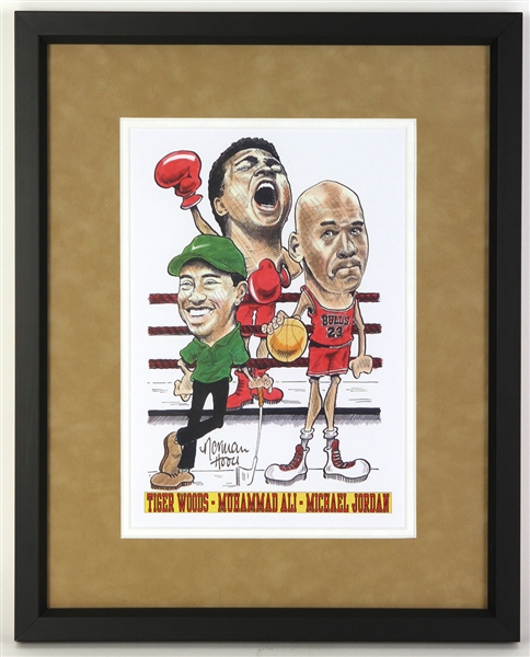 2000s Muhammad Ali Michael Jordan Tiger Woods 14.5" x 18" Framed Caricature Style Depiction