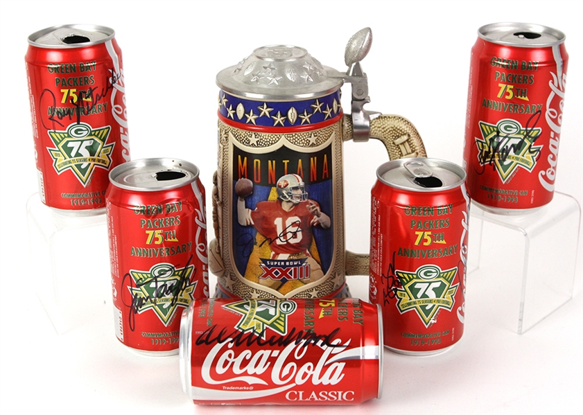 1993-96 Green Bay Packers Signed 75th Anniversary Coca Cola Cans - Lot of 5 w/ Ray Nitschke, Paul Hornung, Jim Taylor & More plus Joe Montana SBXXIII Tankard (JSA)