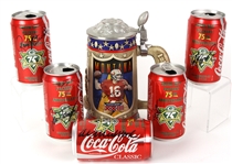 1993-96 Green Bay Packers Signed 75th Anniversary Coca Cola Cans - Lot of 5 w/ Ray Nitschke, Paul Hornung, Jim Taylor & More plus Joe Montana SBXXIII Tankard (JSA)