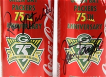 1993-96 Green Bay Packers Signed 75th Anniversary Coca Cola Cans - Lot of 5 w/ Ray Nitschke, Paul Hornung, Jim Taylor & More plus Joe Montana SBXXIII Tankard (JSA)