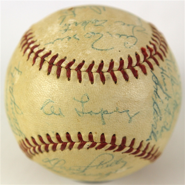 1956 Cleveland Indians Team Signed OAL Harridge Baseball w/ 28 Signatures Including Bob Feller, Larry Doby, Al Lopez & More (JSA)