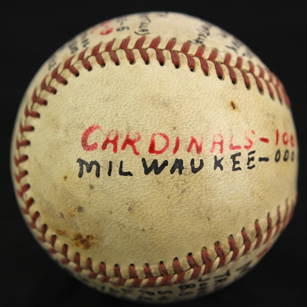 1957 (August 18) Vinegar Bend Mizell St. Louis Cardinals ONL Giles Milwaukee County Stadium Game Used Victory Baseball (MEARS LOA)