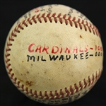 1957 (August 18) Vinegar Bend Mizell St. Louis Cardinals ONL Giles Milwaukee County Stadium Game Used Victory Baseball (MEARS LOA)