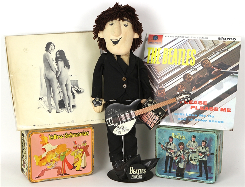 1960s-80s The Beatles Memorabilia Collection - Lot of 5 w/ John Lennon/Yoko One Two Virgins Record, Lunchboxes & More