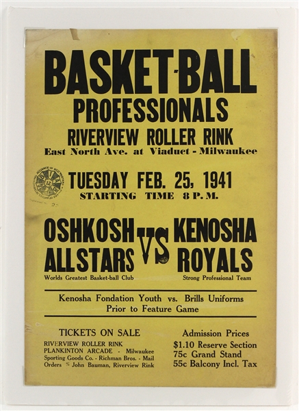 1941 (February 25) Oshkosh All Stars Kenosha Royals Riverview Roller Rink 14" x 20" Broadside