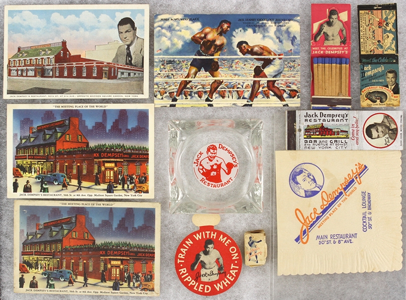 1920s-40s Jack Dempsey World Heavyweight Champion Memorabilia Collection - Lot of 11 w/ Postcards, Matchbooks, Ashtray & More