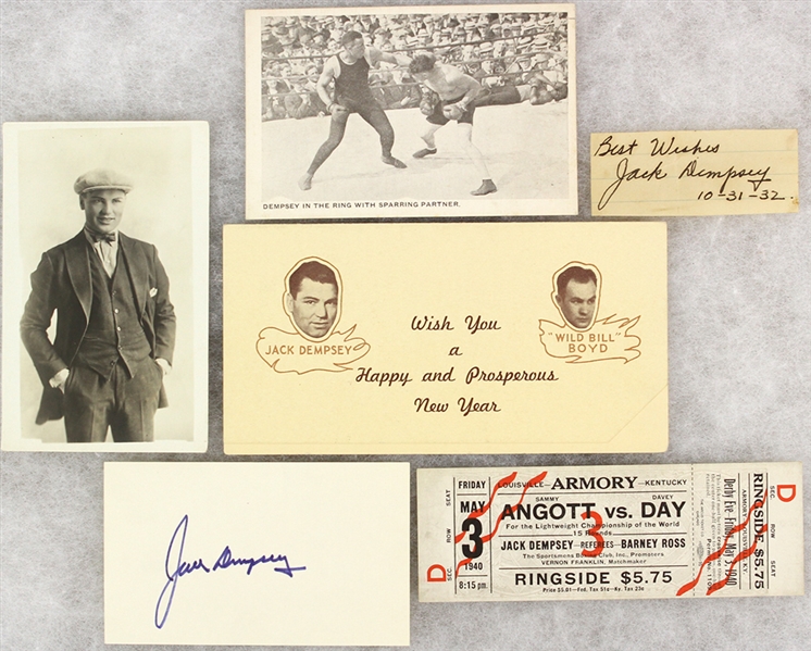 1920s-40s Jack Dempsey World Heavyweight Champion Memorabilia Collection - Lot of 6 w/ Signed Cut, Signed Index Card & More (JSA)