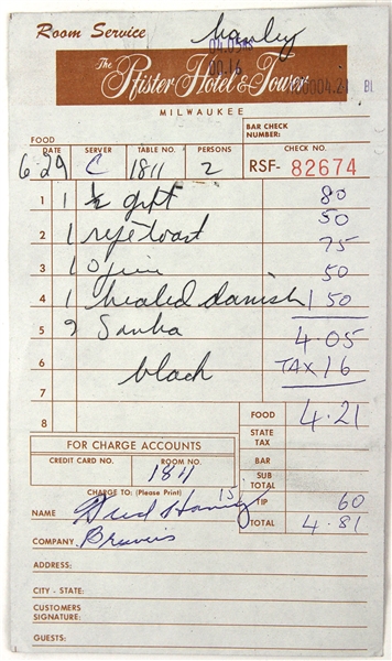 1956-59 Fred Haney Milwaukee Braves Signed Pfister Hotel Room Service Ticket (JSA)