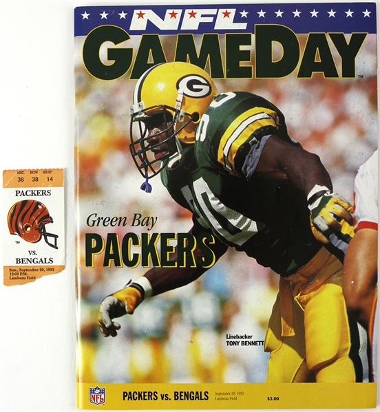 1992 (September 20) Brett Favre 1st Career Green Bay Packers Game Lambeau Field Program & Ticket Stub - Lot of 2