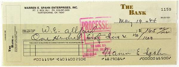 1994 Warren Spahn Milwaukee Braves Signed Check (Warren Spahn Collection) JSA