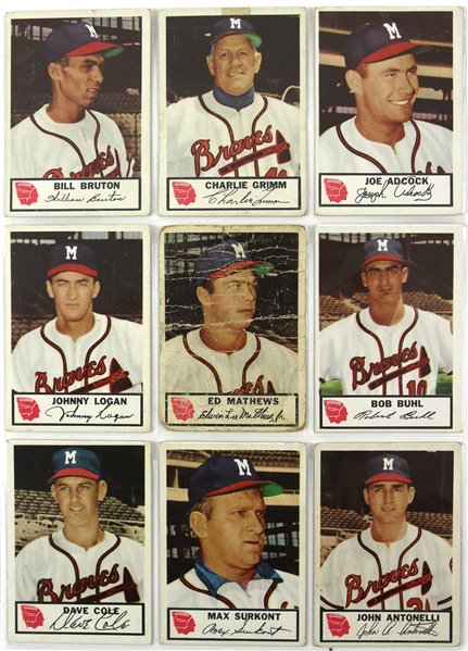1953 Milwaukee Braves Johnston Cookie Trading Cards - Lot of 9 w/ Eddie Mathews, Charlie Grimm, Johnny Logan & More