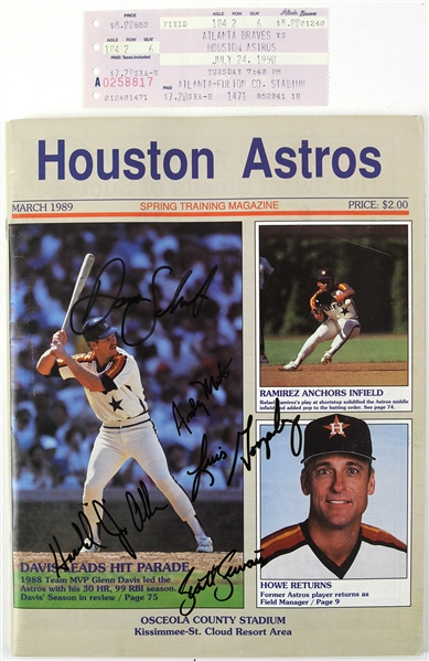 1989-90 Houston Astros Ticket Stub & Multi Signed Spring Training Magazine - Lot of 2 (JSA)