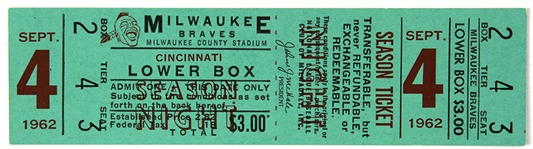 1962 Milwaukee Braves Cincinnati Reds Milwaukee County Stadium Ticket