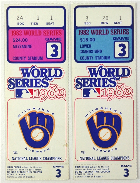 1982 Milwaukee Brewers St. Louis Cardinals County Stadium World Series Game 3 Ticket Stubs - Lot of 2