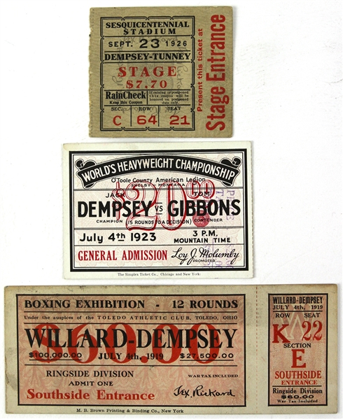 1919-26 Jack Dempsey Jess Willard Tommy Gibbons Gene Tunney World Heavyweight Title Bout Tickets/Stubs - Lot of 3