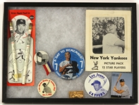 1950's-80's Mickey Mantle New York Yankees Memorabilia Collection - Lot of 15 w/ Pinbacks, Picture Pack, Miniature Bronze 1951 Topps Card & More