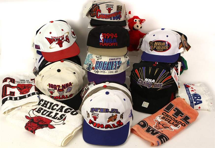 1990s Chicago Bulls Memorabilia Collection - Lot of 59 w/ Championship Hats, Towels & More
