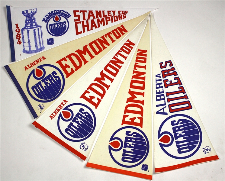 1972-1974 WHA Alberta Oilers & 1984 Edmonton Oilers 29” Full Size Hockey Pennant Lot (5)
