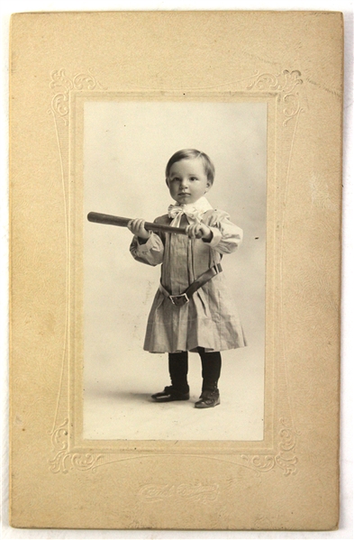 1880-1900 circa Victorian Era Child with Bat 3”x6” Photo on Ornate Mount