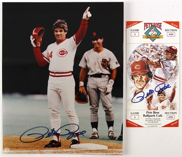 1990s Pete Rose Cincinnati Reds Autographed 8x10 Photo and Ticket