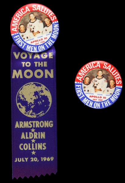 1969 Apollo XI America Salutes First Men On The Moon 1.75" Pinback Buttons - Lot of 2, 1 w/ Ribbon 
