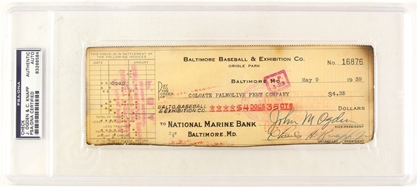 1939 Jack Ogden Charles Knapp Baltimore Orioles Signed Check (PSA/DNA Slabbed)