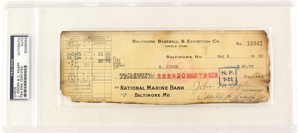 1939 Jack Ogden Charles Knapp Baltimore Orioles Signed Check (PSA/DNA Slabbed)