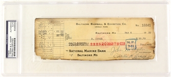 1939 Jack Ogden Charles Knapp Baltimore Orioles Signed Check (PSA/DNA Slabbed)