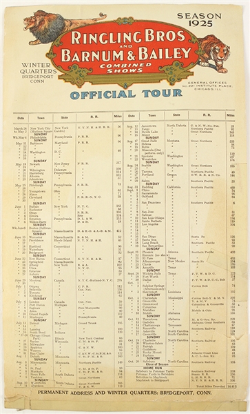 1925 Ringling Bros and Barnum & Bailey Circus Combined Shows 9" x 15" Official Tour Sheet