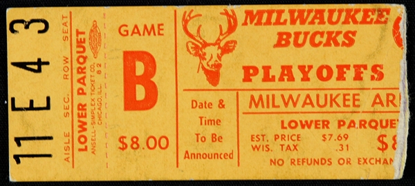1972 Milwaukee Bucks Golden State Warriors Milwaukee Arena Playoffs Ticket Stub