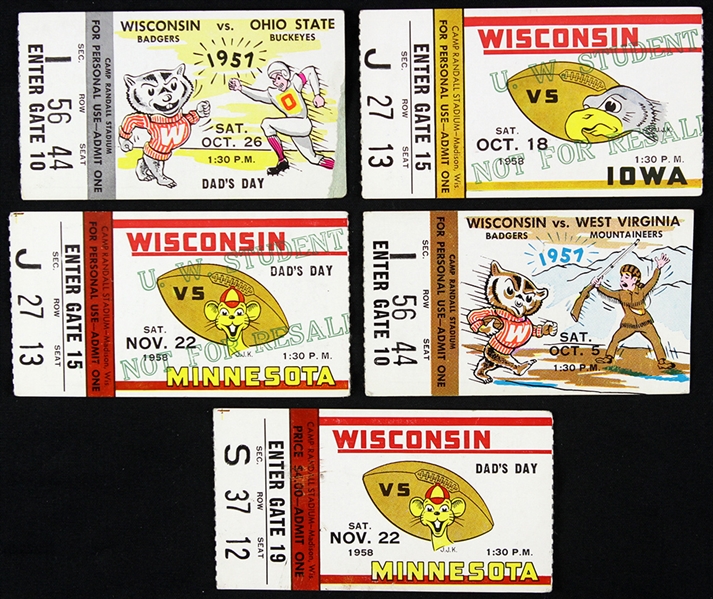 1957-58 Wisconsin Badgers Football Camp Randall Ticket Stub Collection - Lot of 5