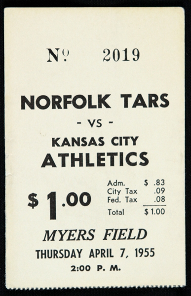 1955 Kansas City Athletics Norfolk Tars Myers Field Ticket Stub
