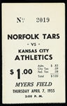 1955 Kansas City Athletics Norfolk Tars Myers Field Ticket Stub