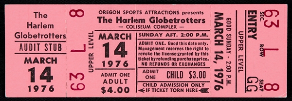 1976 Harlem Globetrotters Portland Coliseum Complex Full Ticket