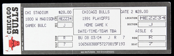 1991 Chicago Bulls Chicago Stadium Home Game K Full Playoff Ticket