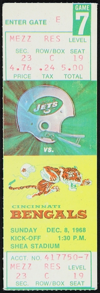 1968 New York Jets Cincinnati Bengals Shea Stadium Full Ticket (Super Bowl III Season)