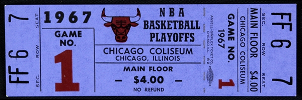 1967 Chicago Bulls St. Louis Hawks Chicago Coliseum Full Playoff Ticket (Inaugural Season, 1st Home Playoff Game)