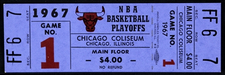 1967 Chicago Bulls St. Louis Hawks Chicago Coliseum Full Playoff Ticket (Inaugural Season, 1st Home Playoff Game)