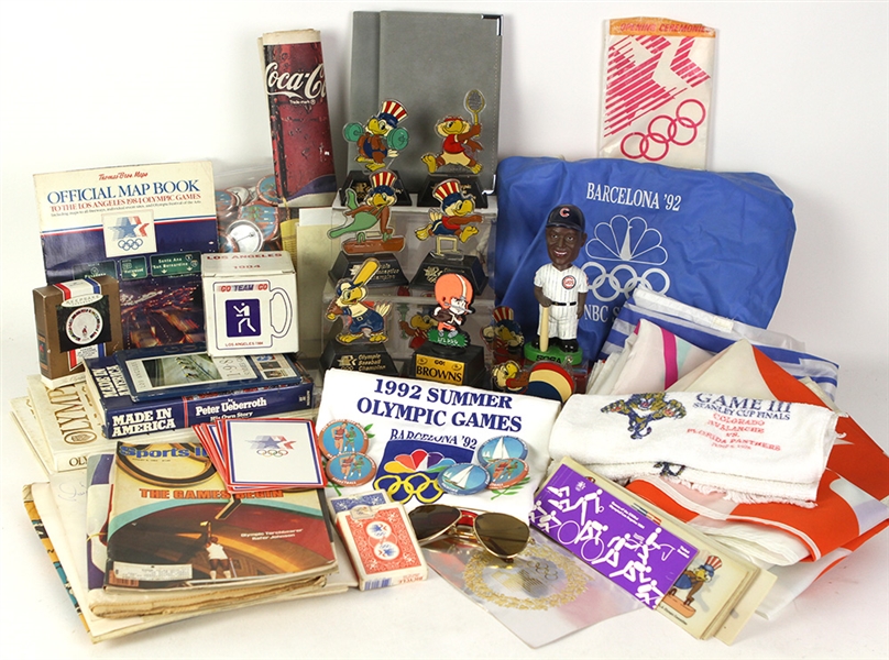 1984 Olympic Memorabilia Collection - Lot of 300+ w/ Flags, Unopened Opening Ceremony Stunt Card Bag, Pinbacks, Publications & More