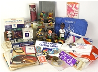 1984 Olympic Memorabilia Collection - Lot of 300+ w/ Flags, Unopened Opening Ceremony Stunt Card Bag, Pinbacks, Publications & More