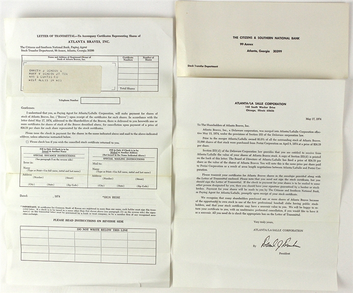 1974 Atlanta Braves Shareholder Stock Transmittal Paperwork